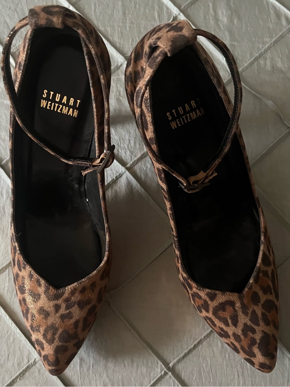Stuart Weitzman Leopard Print Pointed Toe Ankle-Strap Heels - Brown/Black